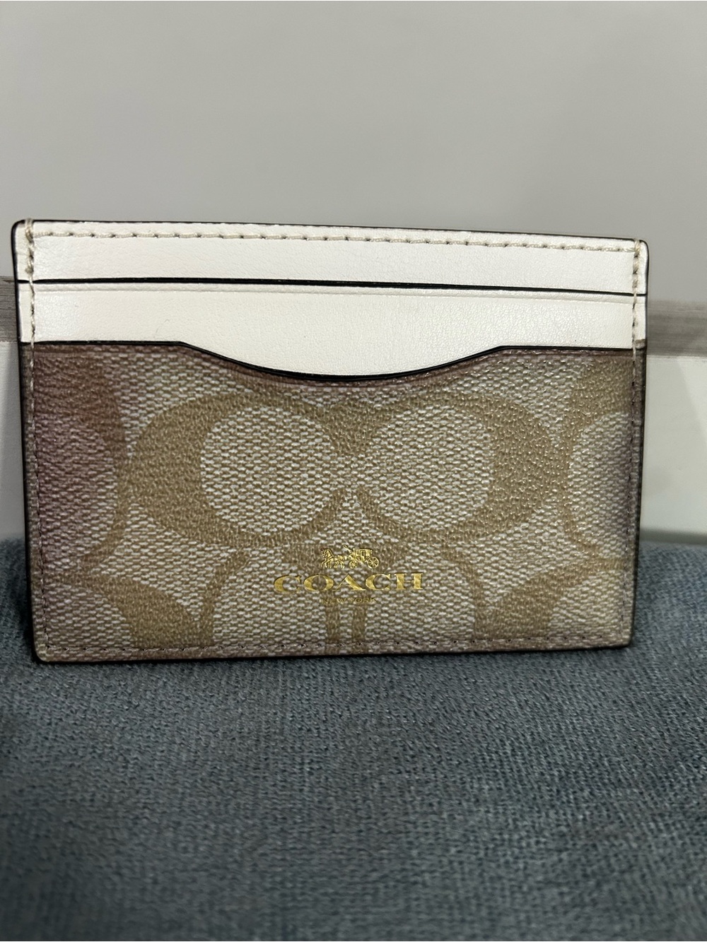 Coach Beige Signature Canvas Card Case with White Leather